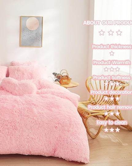 FOPPA pink fluffy Comforter Cover Set king- Ultra Soft fluffy Pink Bedding Sets 3 Pieces (1 Duvet Cover + 2 Pillow case) pink fluffy bed set (Light Pink, King) - LeafyLoom
