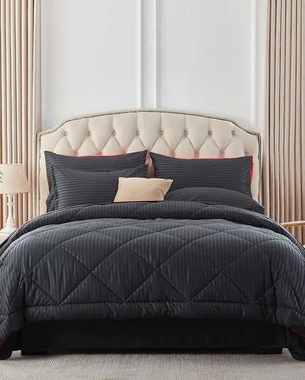 NexHome Black/Red King Bed in a Bag 7-Pieces Comforter Sets with Comforter and Sheets Soft All Season Bedding Sets with Comforter, Pillow Shams, Flat Sheet, Fitted Sheet and Pillowcases - LeafyLoom