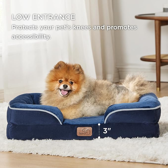 Bedsure Small Orthopedic Dog Bed - Washable Bolster Dog Sofa Beds for Small Dogs, Supportive Foam Pet Couch Bed with Removable Washable Cover, Waterproof Lining and Nonskid Bottom Couch, Navy Blue BEDSURE