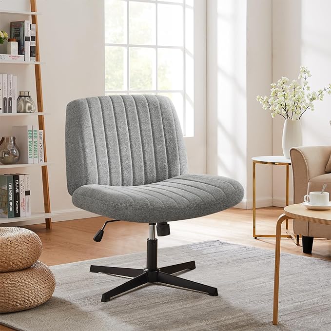 Sweetcrispy Criss Cross Chair Legged, Armless Office Desk Chair No Wheels, Swivel Vanity Chair, Height Adjustable Wide Seat Computer Task Chair, Fabric Vanity Modern Home Chair Grey - LeafyLoom