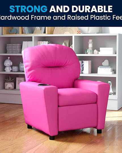 Flash Furniture Chandler Vinyl Kids Recliner with Cup Holder and Safety Recline, Contemporary Reclining Chair for Kids, Supports up to 90 lbs., Hot Pink - LeafyLoom