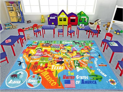 KC Cubs Playtime Collection USA United States Map Educational Learning & Game Area Rug Carpet for Kids and Children Bedrooms and Playroom (8'2" x 9'10"), Multi - LeafyLoom