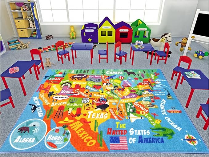 KC Cubs Playtime Collection USA United States Map Educational Learning & Game Area Rug Carpet for Kids and Children Bedrooms and Playroom (8'2" x 9'10"), Multi - LeafyLoom