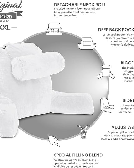 Husband Pillow XXL White Backrest with Arms - Adult Reading Pillow Shredded Memory Foam, Ultra-Comfy Removable Microplush Cover & Detachable Neck Roll, Unmatched Support for Bed Rest Sit Up Pillow - LeafyLoom