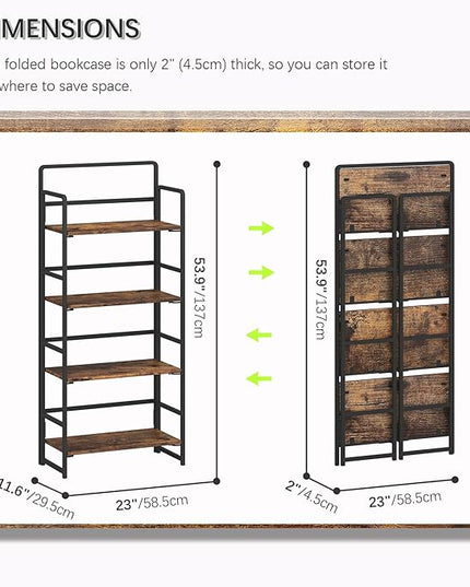 4NM No-Assembly 4 Tiers Folding Bookshelf Storage Shelves Vintage Bookcase Standing Racks Study Organizer Home Office (Rustic Brown and Black) - LeafyLoom