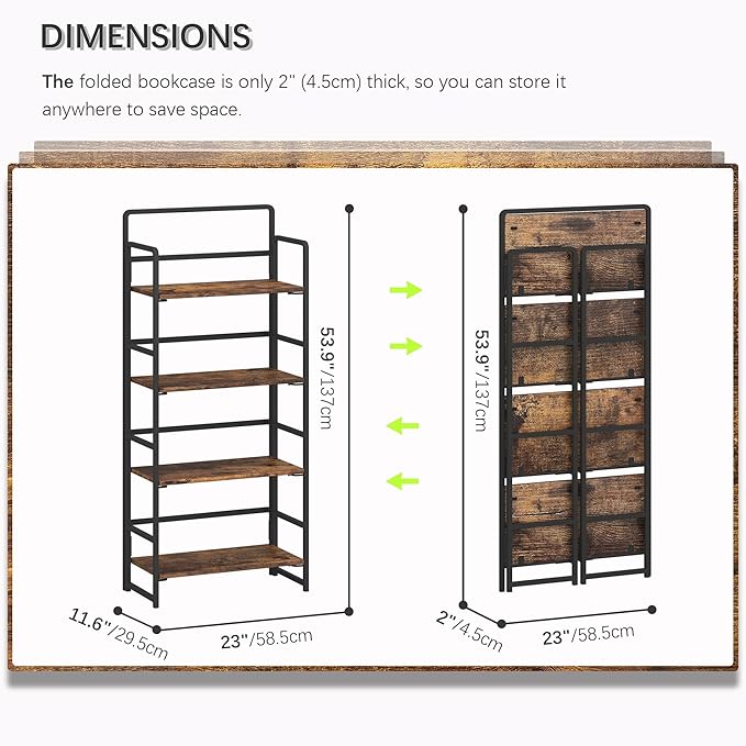 4NM No-Assembly 4 Tiers Folding Bookshelf Storage Shelves Vintage Bookcase Standing Racks Study Organizer Home Office (Rustic Brown and Black) - LeafyLoom