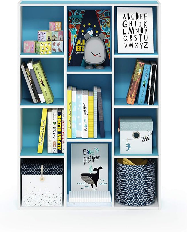 Furinno Luder Bookcase / Book / Storage , 11-Cube, White/Light Blue - LeafyLoom