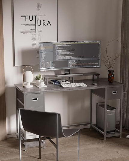 Pamray 55 Inch Computer Desk with Non-woven Storage Drawers and Monitor Stand Home Office Desk for Bedroom Study Table Writing and Work Desk Espresso Gray - LeafyLoom