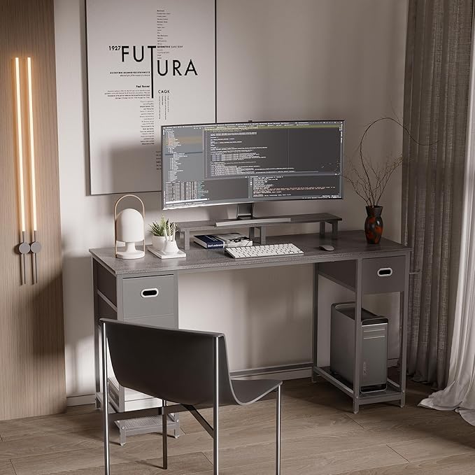 Pamray 55 Inch Computer Desk with Non-woven Storage Drawers and Monitor Stand Home Office Desk for Bedroom Study Table Writing and Work Desk Espresso Gray - LeafyLoom