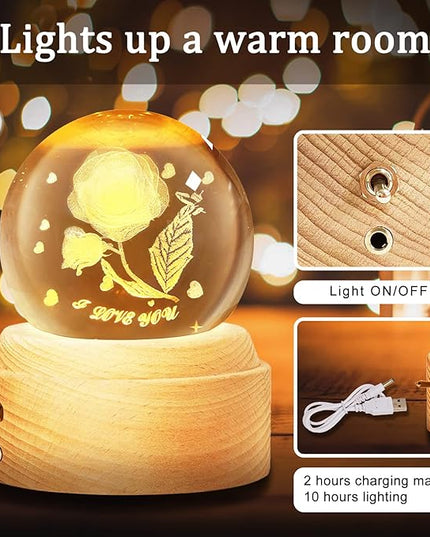 Best for Mom Women Wife Girlfriend Grandma, 3D Rose No.2 Crystal Ball Music Box with LED Night Lamp, Unique Mom Gifts for Birthday Graduation Christmas Valentine's Day Anniversary - LeafyLoom