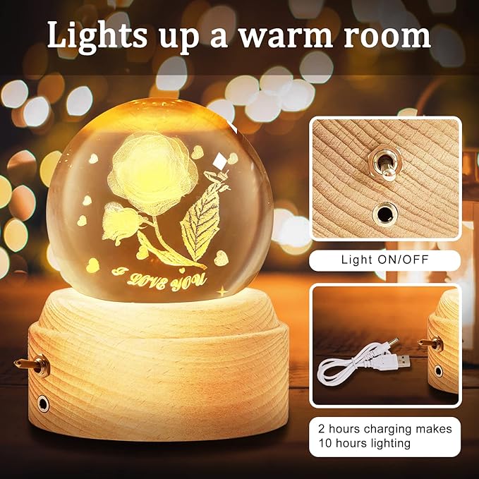 Best for Mom Women Wife Girlfriend Grandma, 3D Rose No.2 Crystal Ball Music Box with LED Night Lamp, Unique Mom Gifts for Birthday Graduation Christmas Valentine's Day Anniversary - LeafyLoom