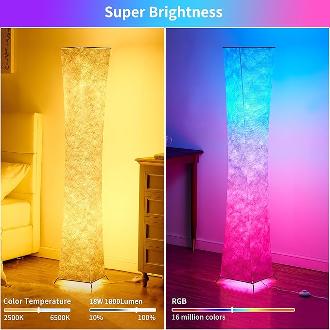 chiphy Floor Lamp, 61" Tall Lamps, 7 Colors Changing and Dimmable RGB LED Bulbs, Remote Control and White Fabric Shade, Cool for Living Room, Bedroom and Play Room - LeafyLoom