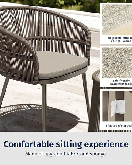 EAST OAK Breezeway Patio Furniture Set, 3-Piece Outside Bistro Set Handwoven Rattan Wicker Chairs with Waterproof Cushions, Tempered Glass Table, Outdoor Conversation Set for Porch, Coffee & Beige - LeafyLoom