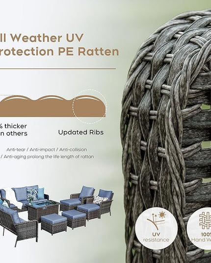Yechen Patio Conversation Set 12 Seats with 44" Propane Gas Fire Pit Table - 9 Pcs Outdoor Wicker Furniture Set with Lid & Wind Shields - Sectional Sofa Set for Porch,Backyard - LeafyLoom