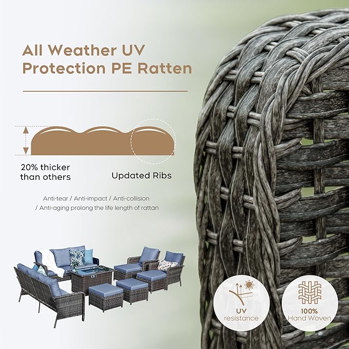 Yechen Patio Conversation Set 12 Seats with 44" Propane Gas Fire Pit Table - 9 Pcs Outdoor Wicker Furniture Set with Lid & Wind Shields - Sectional Sofa Set for Porch,Backyard - LeafyLoom