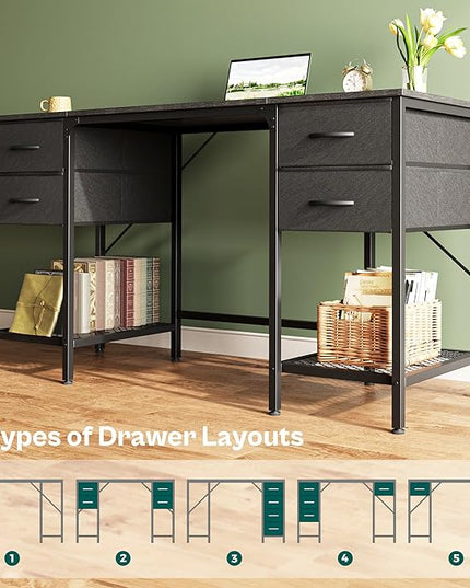 55 Inch Computer Desk with 4 Drawers, Office Desk with Mesh Shelf, Gaming Desk, Large Storage, Writing Desk Work Desk for Home Office, Study, Bedroom, Work from Home, Black - LeafyLoom