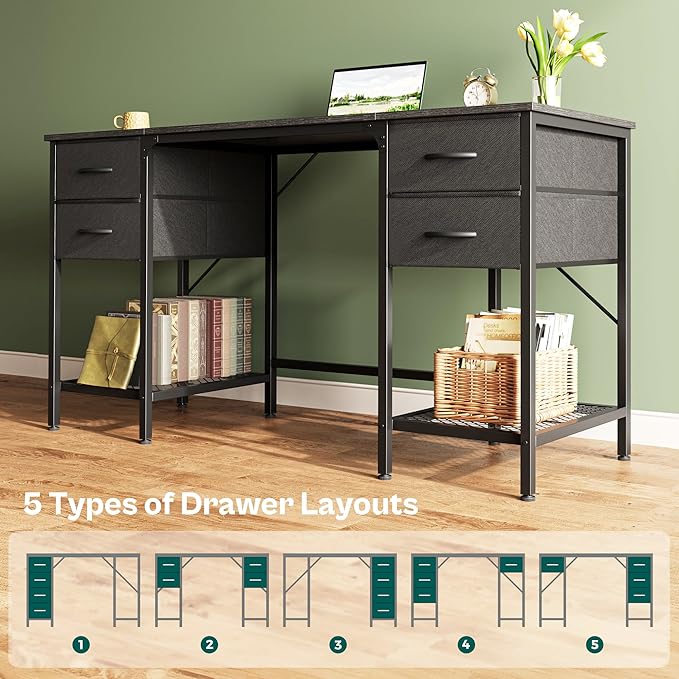 55 Inch Computer Desk with 4 Drawers, Office Desk with Mesh Shelf, Gaming Desk, Large Storage, Writing Desk Work Desk for Home Office, Study, Bedroom, Work from Home, Black - LeafyLoom