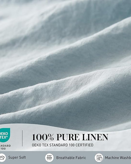Simple&Opulence 100% Washed Linen Sheet Set-Queen Size-Natural France Flax Bed Sheet-4 Pcs Breathable,Ultra Soft,Farmhouse Bedding (1 Flat Sheet,1 Fitted Sheet,2 Pillowcases)-Embroidery Dusty Blue - LeafyLoom