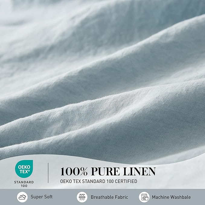 Simple&Opulence 100% Washed Linen Sheet Set-Queen Size-Natural France Flax Bed Sheet-4 Pcs Breathable,Ultra Soft,Farmhouse Bedding (1 Flat Sheet,1 Fitted Sheet,2 Pillowcases)-Embroidery Dusty Blue - LeafyLoom