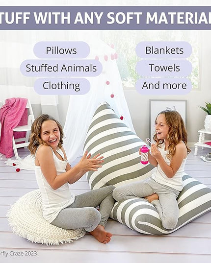 Butterfly Craze Bean Bag Chair Cover, Functional Toddler Toy Organizer, Fill with Stuffed Animals to Create a Jumbo, Comfy Floor Lounger for Boys or Girls, Stuffing Not Included, Grey Stripe - LeafyLoom