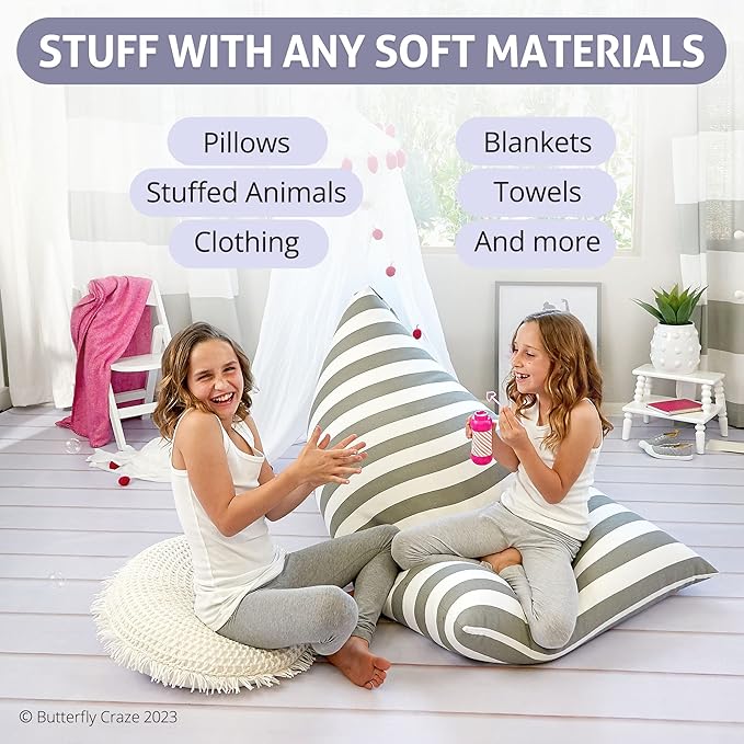 Butterfly Craze Bean Bag Chair Cover, Functional Toddler Toy Organizer, Fill with Stuffed Animals to Create a Jumbo, Comfy Floor Lounger for Boys or Girls, Stuffing Not Included, Grey Stripe - LeafyLoom