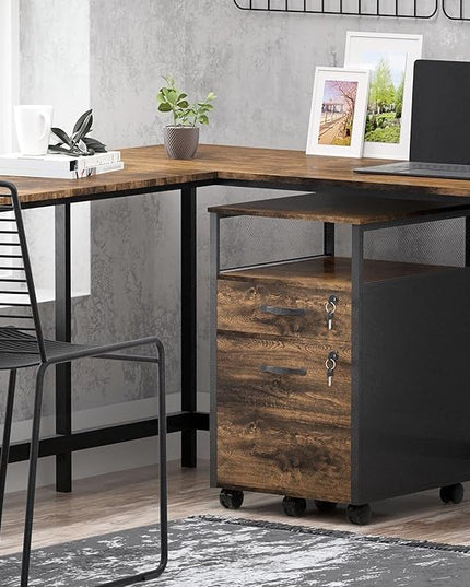 2 drawer file cabinet with lock, Wood Filing Cabinet for Home Office with Wheels and Open Shelf, Small Rolling Printer Stand and Under Desk File Cabinets for A4/Letter-Size Files-Brown - LeafyLoom