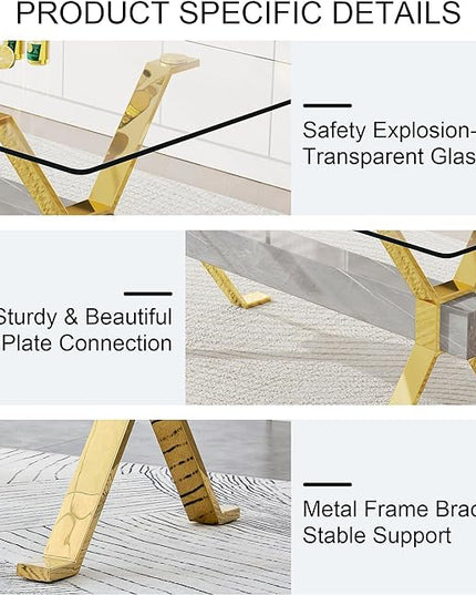 NicBex Dining Table Modern Tempered Glass Dining Table Large Modern Office Desk with Gold Plated Metal Legs and MDF Crossbars, Suitable for Both Home and Office Use, Gold + Silver - LeafyLoom