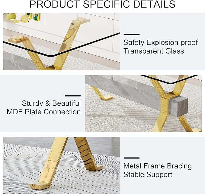 NicBex Dining Table Modern Tempered Glass Dining Table Large Modern Office Desk with Gold Plated Metal Legs and MDF Crossbars, Suitable for Both Home and Office Use, Gold + Silver - LeafyLoom