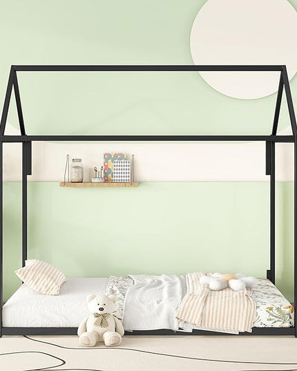 Metal Twin Size Montessori Floor Bed for Kids,Floor Bed Twin,House Bed with Slats for Boys Girls,Metal House Shape Platform Bed,No Spring Box Required,Black - LeafyLoom
