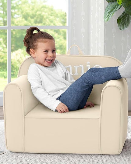 Delta Children Personalized Cozee Chair - Customize with Name – Foam Kids Chair for Ages 18 Months and Up, Oatmeal - LeafyLoom