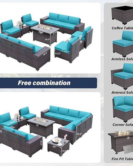 Patio Furniture Sectional Sofa Set 13-Pieces PE Rattan Patio Conversation Set w/43in Gas Fire Pit Table, Outdoor Furniture with 55000 BTU Propane Fire Pit, Blue - LeafyLoom