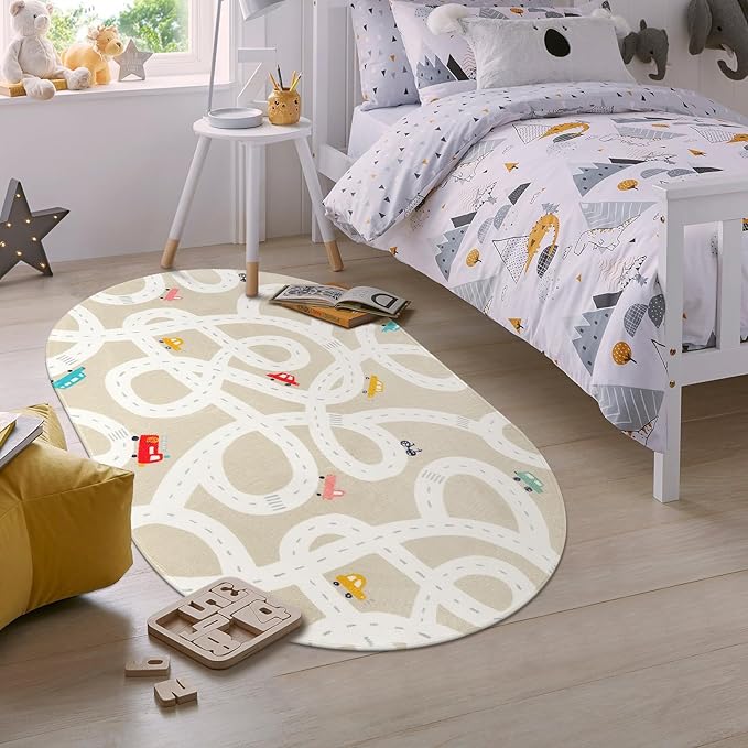 Small Kids Rug for Kids Room, 3'x5' Washable Road Rug for Baby Nursery, Non-Slip Car Rug for Playroom, Tan Traffic Play Mat Soft Fun Rugs for Boys Girls Dorm Toy Room Tent - LeafyLoom