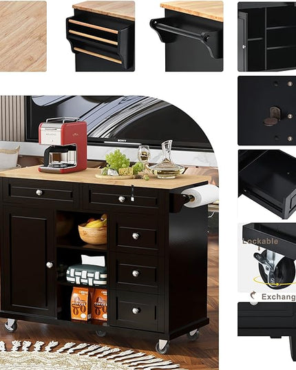 Rolling Kitchen Island Cart with Storage Cabinets and 5 Drawers, 2 Adjustable Shelf, Rubber Wood Countertop, Spice Rack & Towel Handle for Dinning Room, Coffee Bar - LeafyLoom