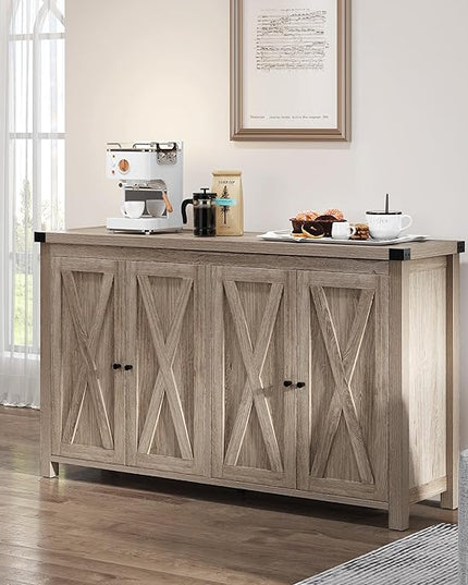 YITAHOME Buffet Cabinet with Storage, 55'' Modern Farmhouse Coffee Bar Cabinet w/4 Doors ＆Adjustable Shelf, Wood Large Kitchen Storage Cabinet with Barn Doors for Kitchen, Living Room, Grey-Brown - LeafyLoom