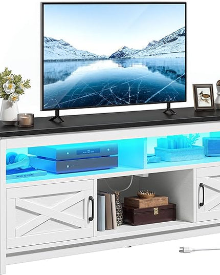 YITAHOME LED TV Stand for 75 65 Inch TV w/Power Outlets, Small Media Console with Storage Cabinets, Farmhouse Entertainment Center Table TV Cabinet for Living Room, 65'' Large TV Stand, Black/White - LeafyLoom