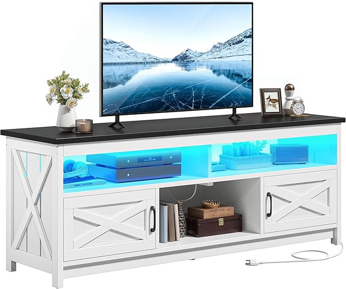 YITAHOME LED TV Stand for 75 65 Inch TV w/Power Outlets, Small Media Console with Storage Cabinets, Farmhouse Entertainment Center Table TV Cabinet for Living Room, 65'' Large TV Stand, Black/White - LeafyLoom