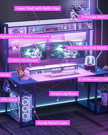 armocity 2024 Upgrade Gaming Desk with Hutch, 55.2'' Magic Computer Desk with LED Lights and Outlets, Reversible Workstation Desk with Pegboard and Monitor Stand, Gamer Desk PC Table, White and Blue - LeafyLoom