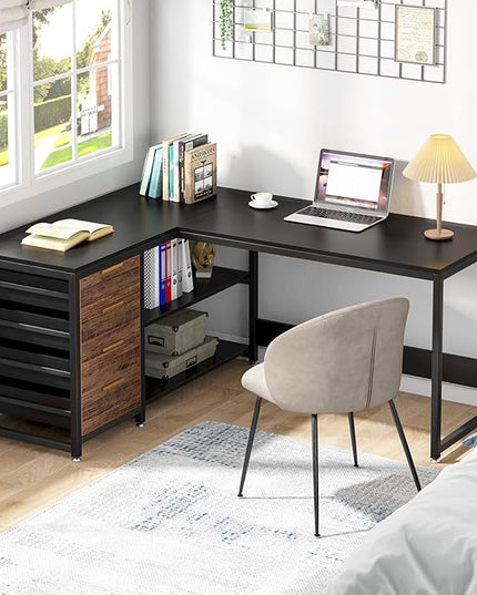 59-Inch L Shaped Desk with Drawers, Large Computer Desk with Storage Shelves, Reversible L-Shaped Corner Desk Workstation for Home Office - LeafyLoom