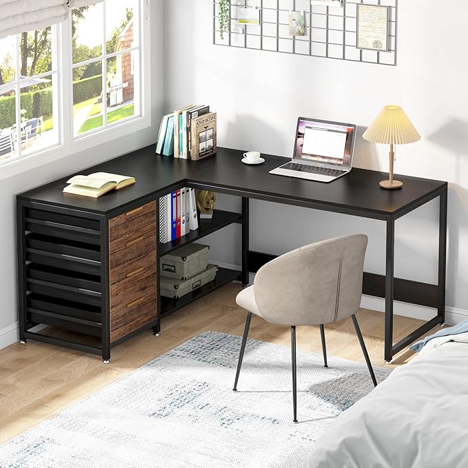 59-Inch L Shaped Desk with Drawers, Large Computer Desk with Storage Shelves, Reversible L-Shaped Corner Desk Workstation for Home Office - LeafyLoom