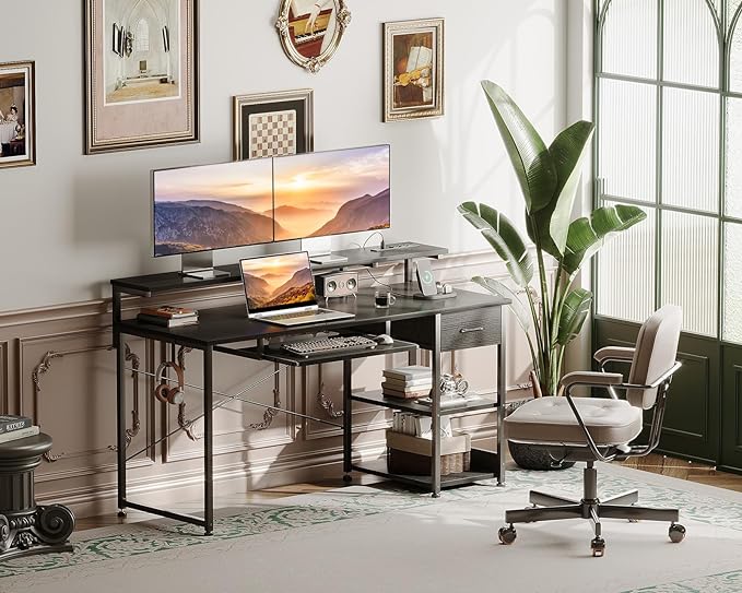 AODK Computer Desk with Keyboard Tray, 55 Inch Gaming Desk with Power Outlet, Office Desk with Drawer, Reversible Desk with Adjustable Monitor Shelf and Storage Shelf for Home, Black - LeafyLoom