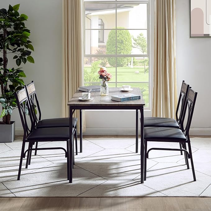 VECELO Kitchen Dining Room Table 4 Chairs for Small Space, Apartment,Metal Steel Frame, 5-Piece Set, Dark Brown - LeafyLoom