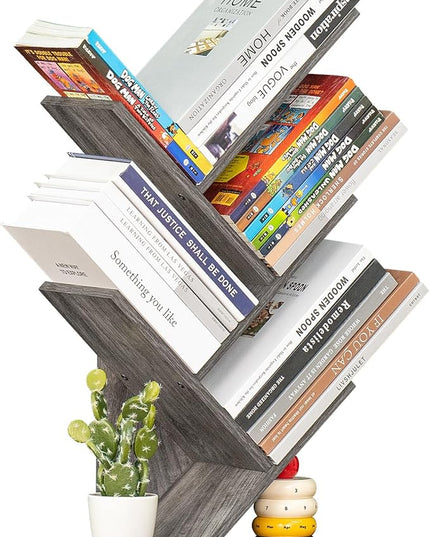 5 Tier Tree Book Shelf, Small Desktop Bookshelf with Storage Organizer, Wood Bookcase, Desk Display Bookshelves, Floor Standing Organizer Bookcases for Living Room,Bedroom,Office - Light Grey - LeafyLoom