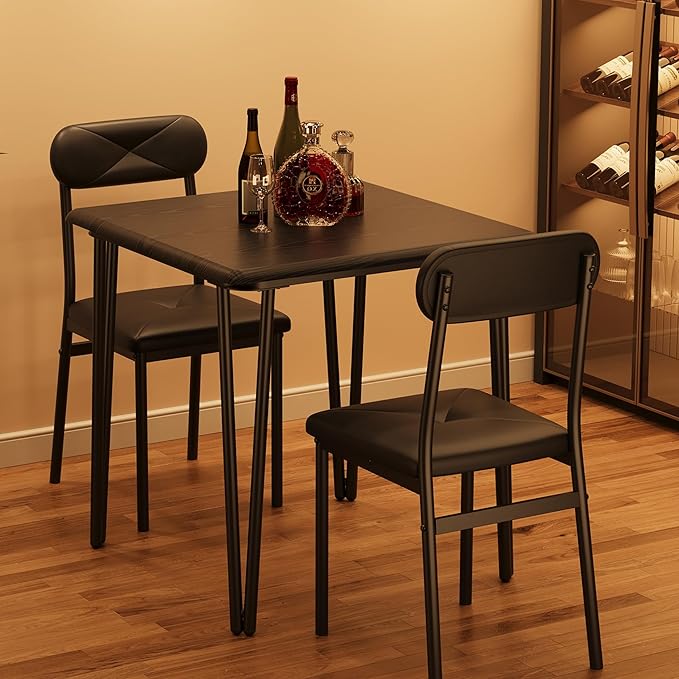 IDEALHOUSE Black Dining Table for 2-Small Square kitchen Dining Dinner Room Tables Set,Space Saving Wood Modern Dinette Accent Furniture for Breakfast Nook, Apartment,Home Office Small Space, 3 Piece - LeafyLoom