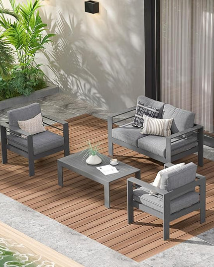 Wisteria Lane Outdoor Patio Furniture Set, 4 Pieces Aluminum Sectional Sofa, Metal Patio Conversation Set with Loveseat, 5 Inch Grey Cushion and Coffee Table (Dark Grey & Grey) - LeafyLoom