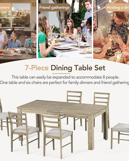 71.5 Inch Dining Table Set for 6, 7-Piece Wooden Extendable Table with 12" Leaf and 2 Drawers, 6 Dining Chairs with Soft Cushion for Dining Room, Living Room, Natural Wood Wash - LeafyLoom