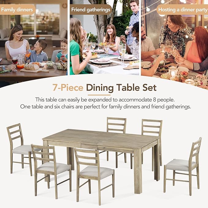 7 Piece Extendable Wooden Dining Table Set with 6 Upholstered Chairs, 12" Leaf and 2 Drawers, Natural Wood Wash - LeafyLoom