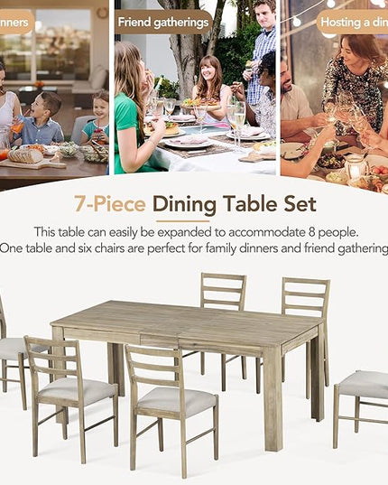 Modernization Wooden Mutifunctional Extendable 12” Leaf and 2 Drawers, 6 Chairs with Soft Cushion, for Dinningroom, 7 Piece Dining Table Set, Natural Wood Wash 8 - LeafyLoom