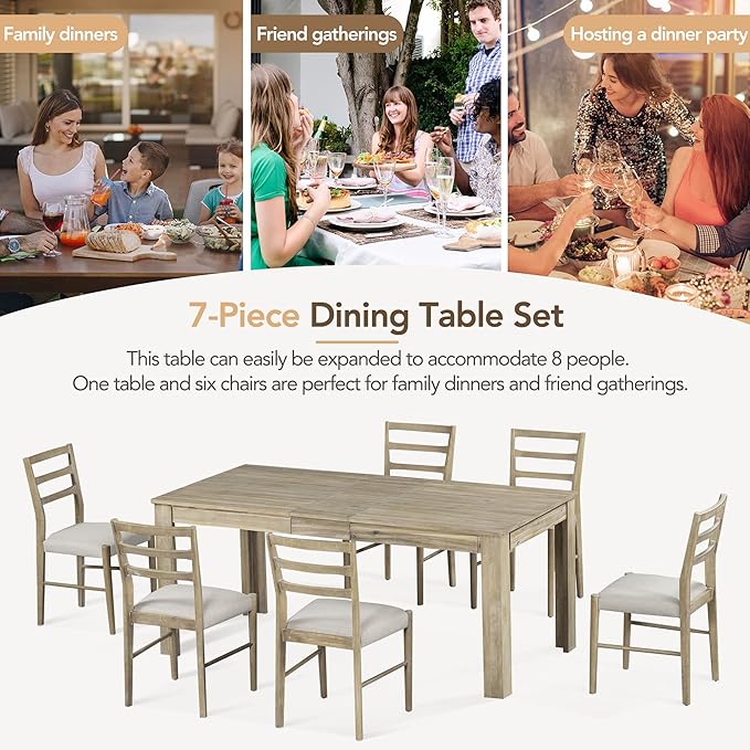 Modernization Wooden Mutifunctional Extendable 12” Leaf and 2 Drawers, 6 Chairs with Soft Cushion, for Dinningroom, 7 Piece Dining Table Set, Natural Wood Wash 8 - LeafyLoom