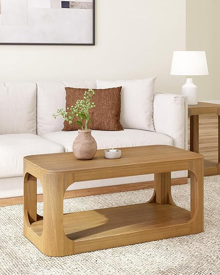 Plank+Beam Small Forma Coffee Table, Solid Wood 40 Inch Modern Coffee Table with Shelf, Contemporary Center Table with Storage Space, Rectangle Tea Table with Storage, Pecan - LeafyLoom