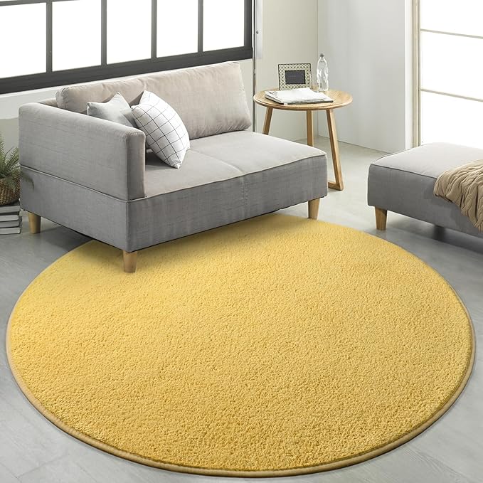 Round Area Rugs for Bedroom Living Room, 4x4 Yellow Super Soft Comfy Thickened Memory-Foam Indoor Circle Carpets, Modern Aesthetic Minimalist Carpet for Boys Girls Adults Nursery Home Décor - LeafyLoom